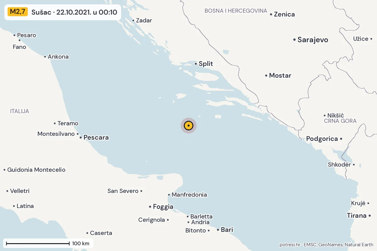 Karta: šire područje, 600 km, potres M2,7, Sušac, 22.10.2021.