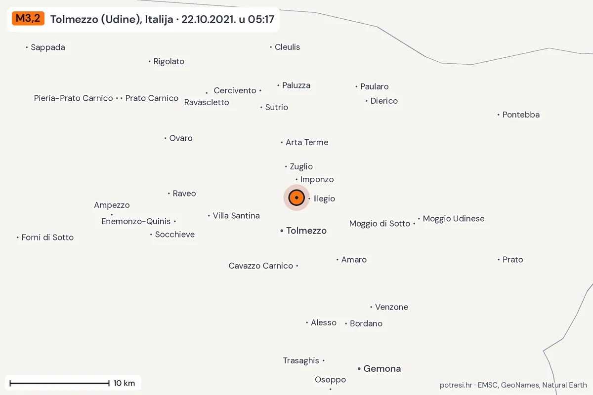 Karta: okolica epicentra, 60 km, potres M3,2, Tolmezzo (Udine), Italija, 22.10.2021.