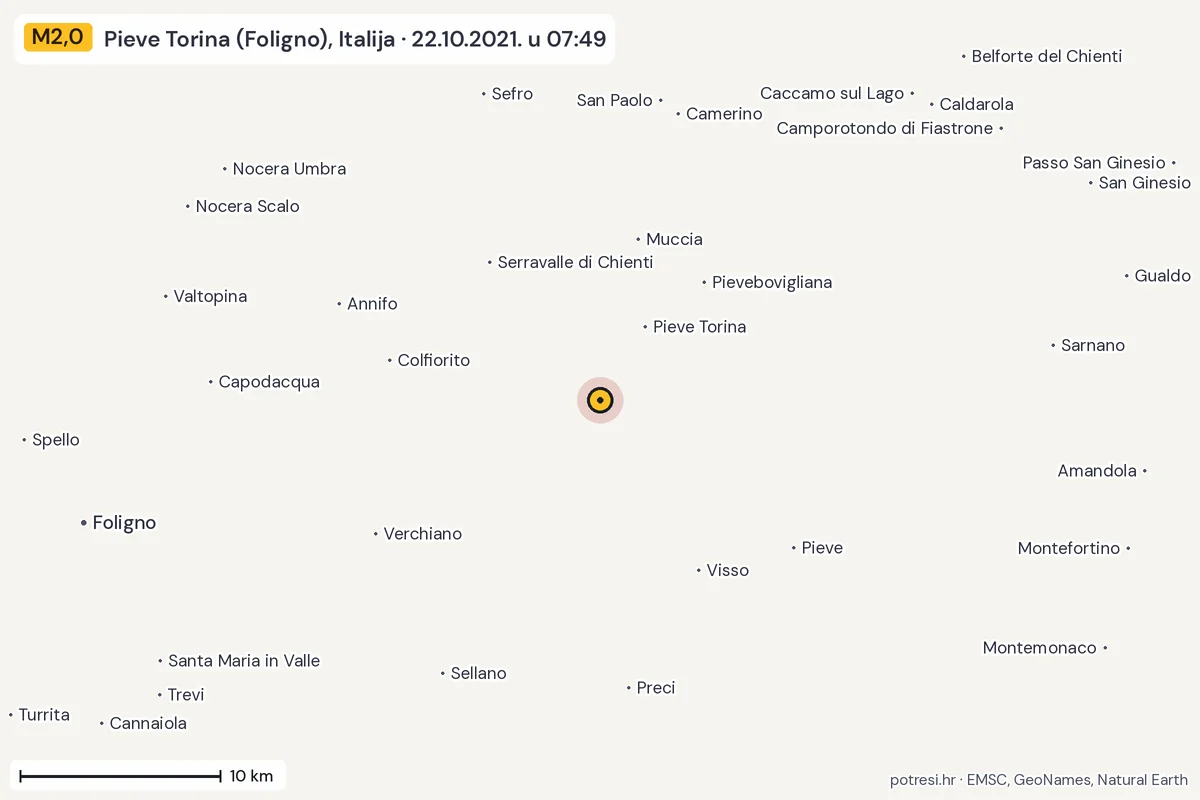 Karta: okolica epicentra, 60 km, potres M2,0, Pieve Torina (Foligno), Italija, 22.10.2021.