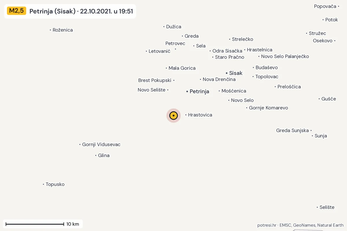 Karta: okolica epicentra, 60 km, potres M2,5, Petrinja (Sisak), 22.10.2021.