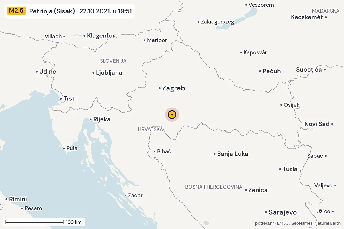 Karta: šire područje, 600 km, potres M2,5, Petrinja (Sisak), 22.10.2021.