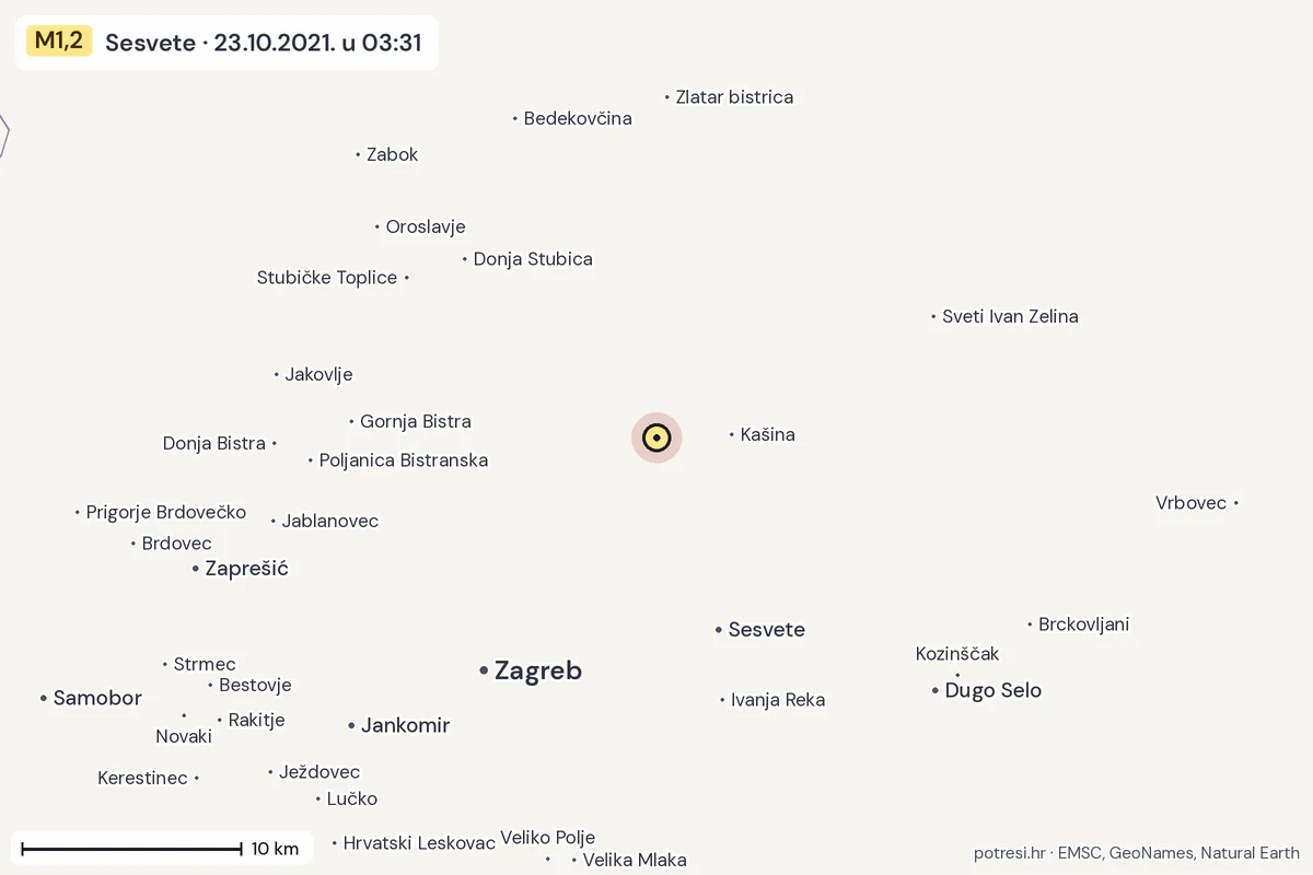 Karta: okolica epicentra, 60 km, potres M1,2, Sesvete, 23.10.2021.