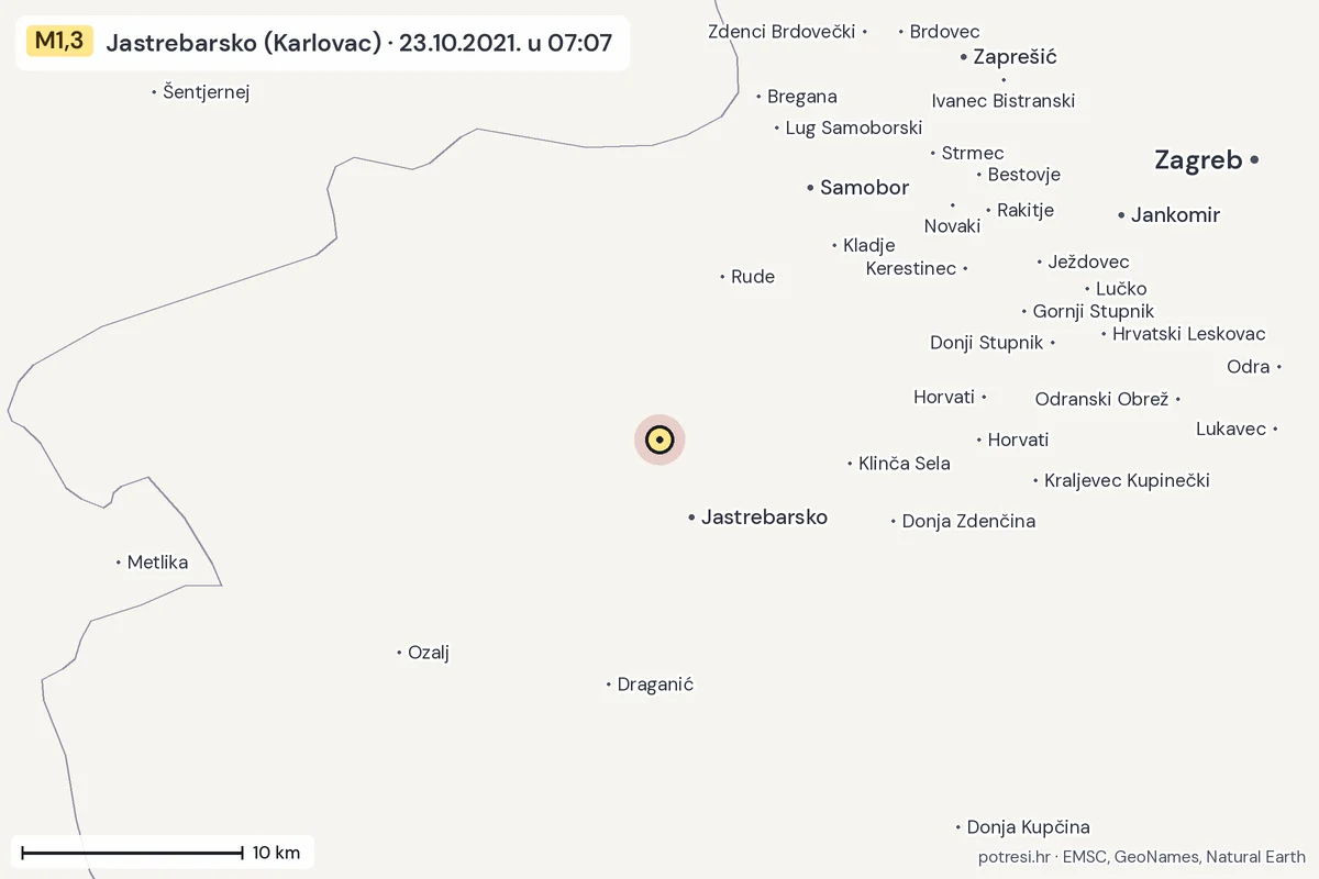 Karta: okolica epicentra, 60 km, potres M1,3, Jastrebarsko (Karlovac), 23.10.2021.