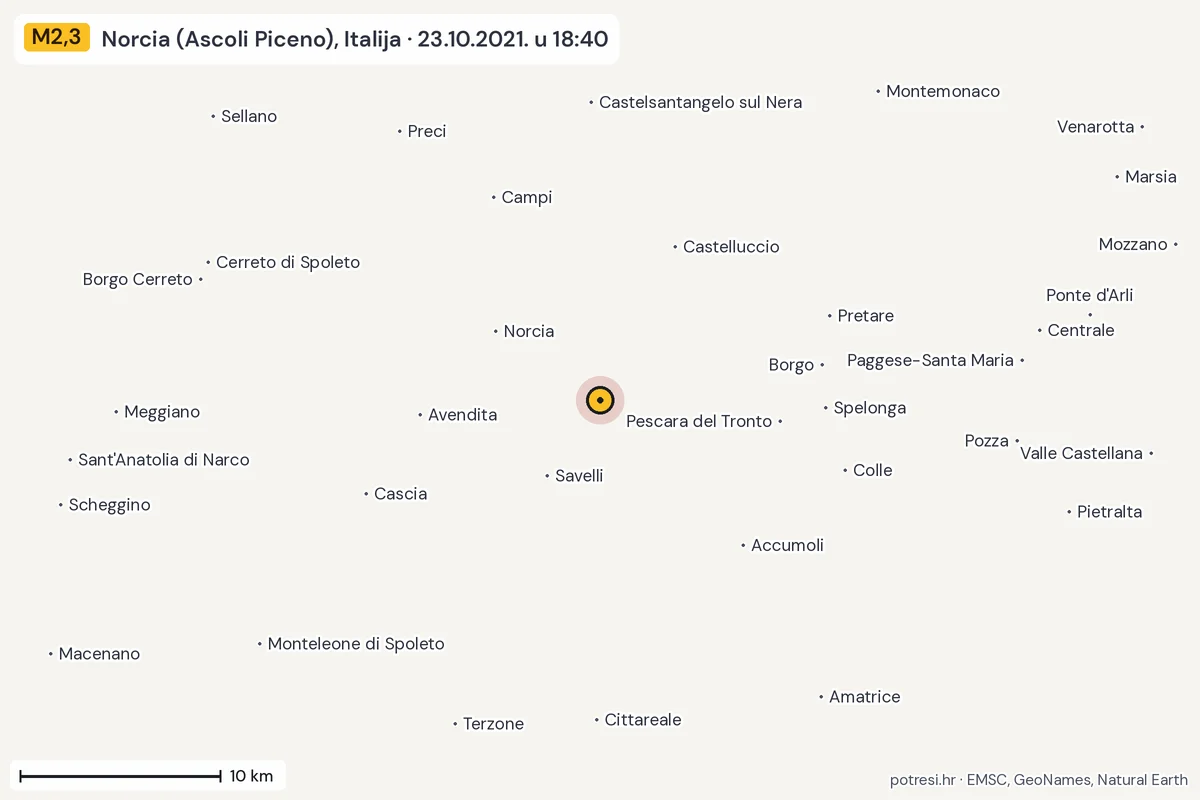 Karta: okolica epicentra, 60 km, potres M2,3, Norcia (Ascoli Piceno), Italija, 23.10.2021.