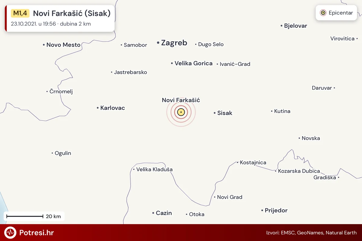 Karta: šire područje i vjerojatni doseg osjeta, potres M1,4, Novi Farkašić (Sisak), 23.10.2021.