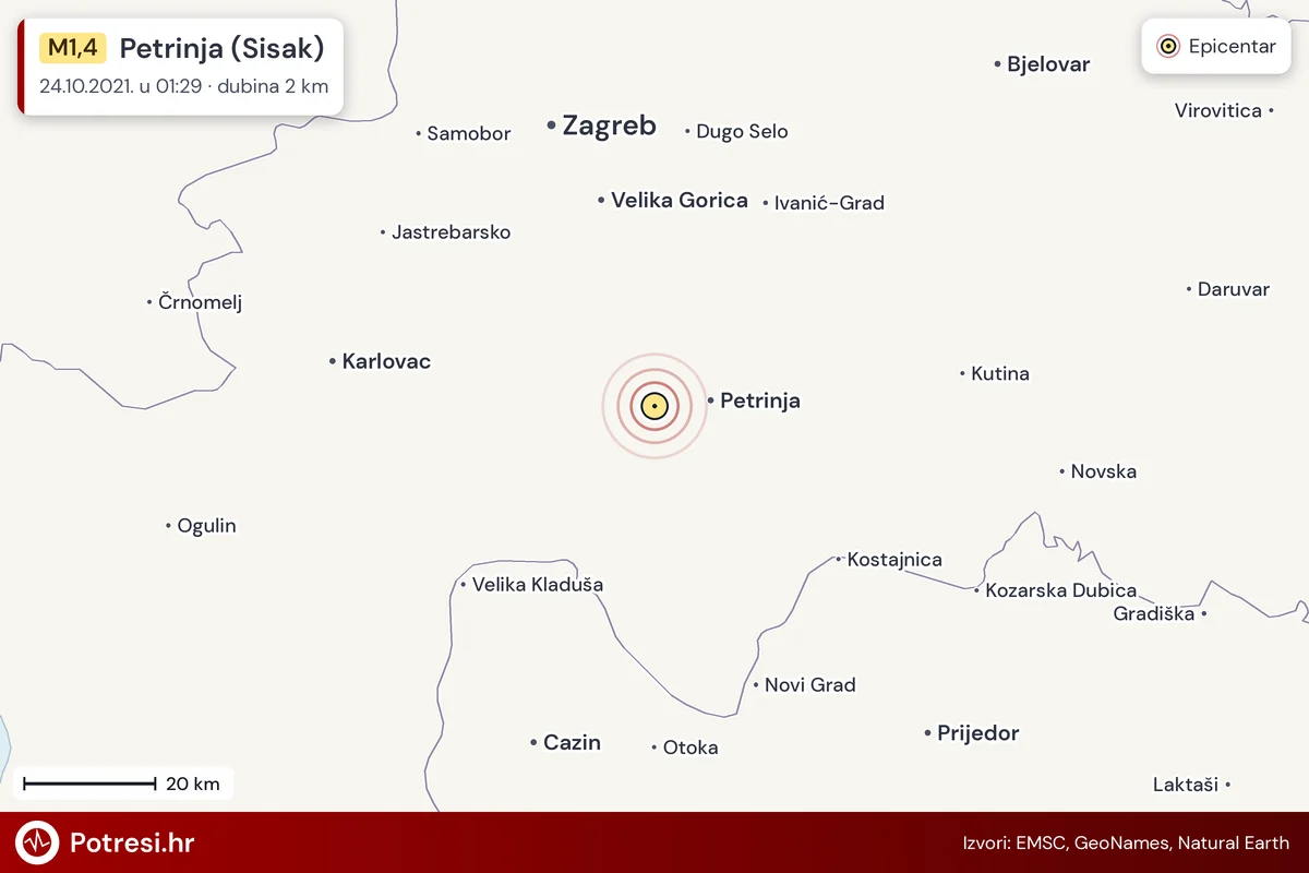 Karta: šire područje i vjerojatni doseg osjeta, potres M1,4, Petrinja (Sisak), 24.10.2021.