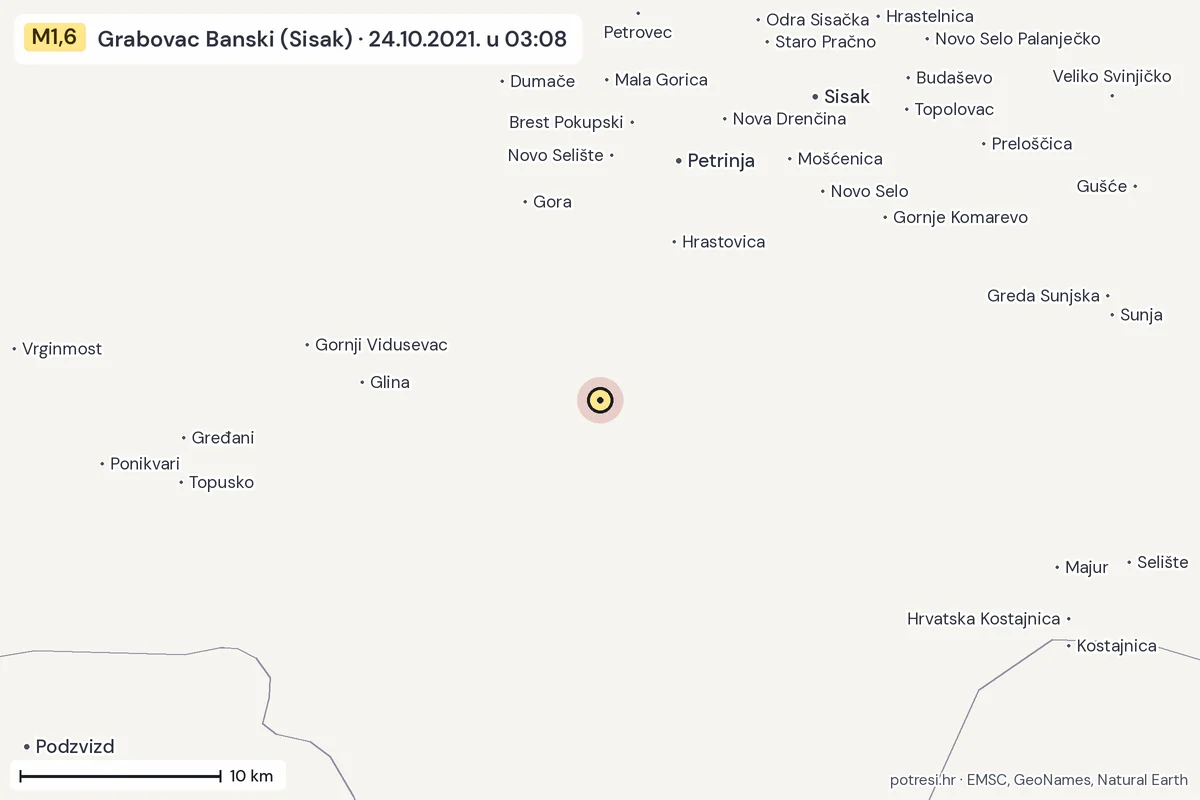 Karta: okolica epicentra, 60 km, potres M1,6, Grabovac Banski (Sisak), 24.10.2021.