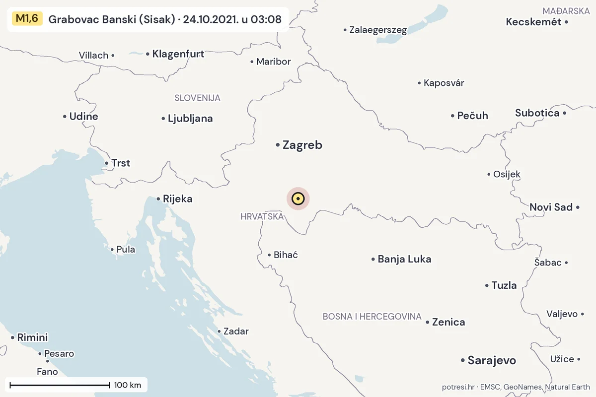 Karta: šire područje, 600 km, potres M1,6, Grabovac Banski (Sisak), 24.10.2021.