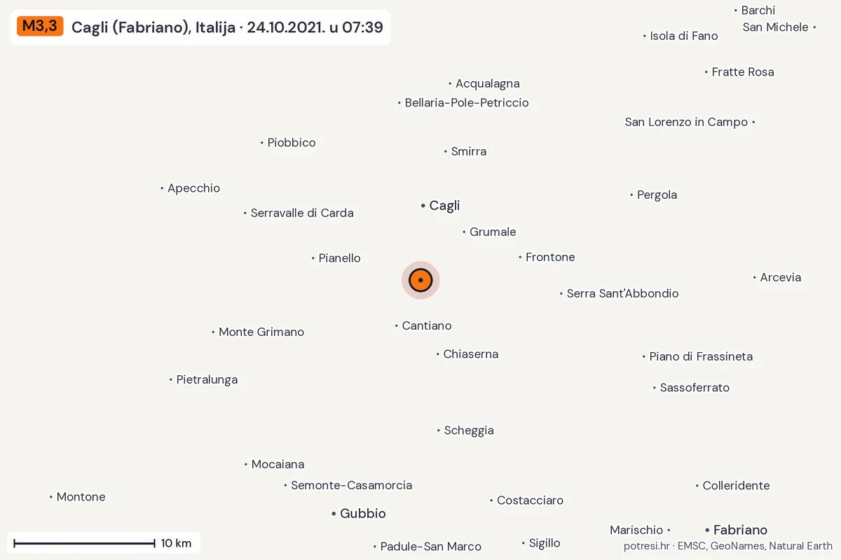Karta: okolica epicentra, 60 km, potres M3,3, Cagli (Fabriano), Italija, 24.10.2021.