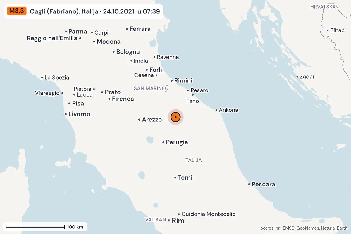Karta: šire područje, 600 km, potres M3,3, Cagli (Fabriano), Italija, 24.10.2021.