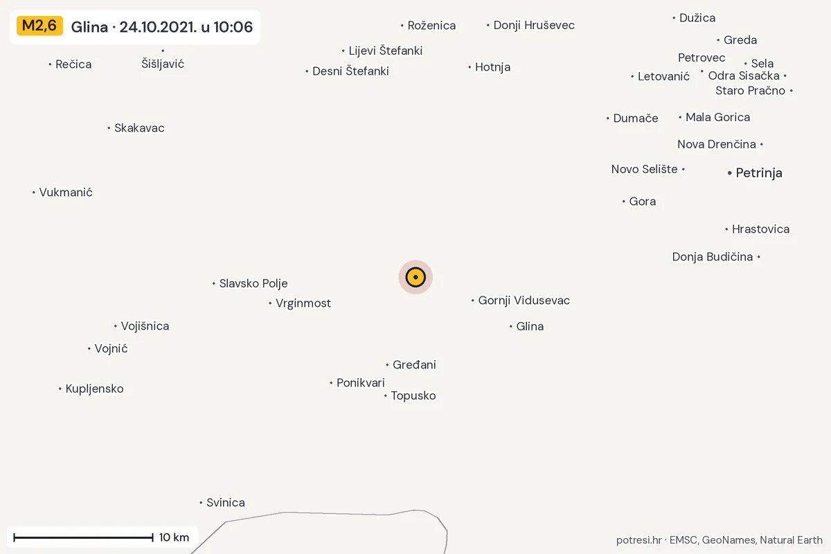 Karta: okolica epicentra, 60 km, potres M2,6, Glina, 24.10.2021.