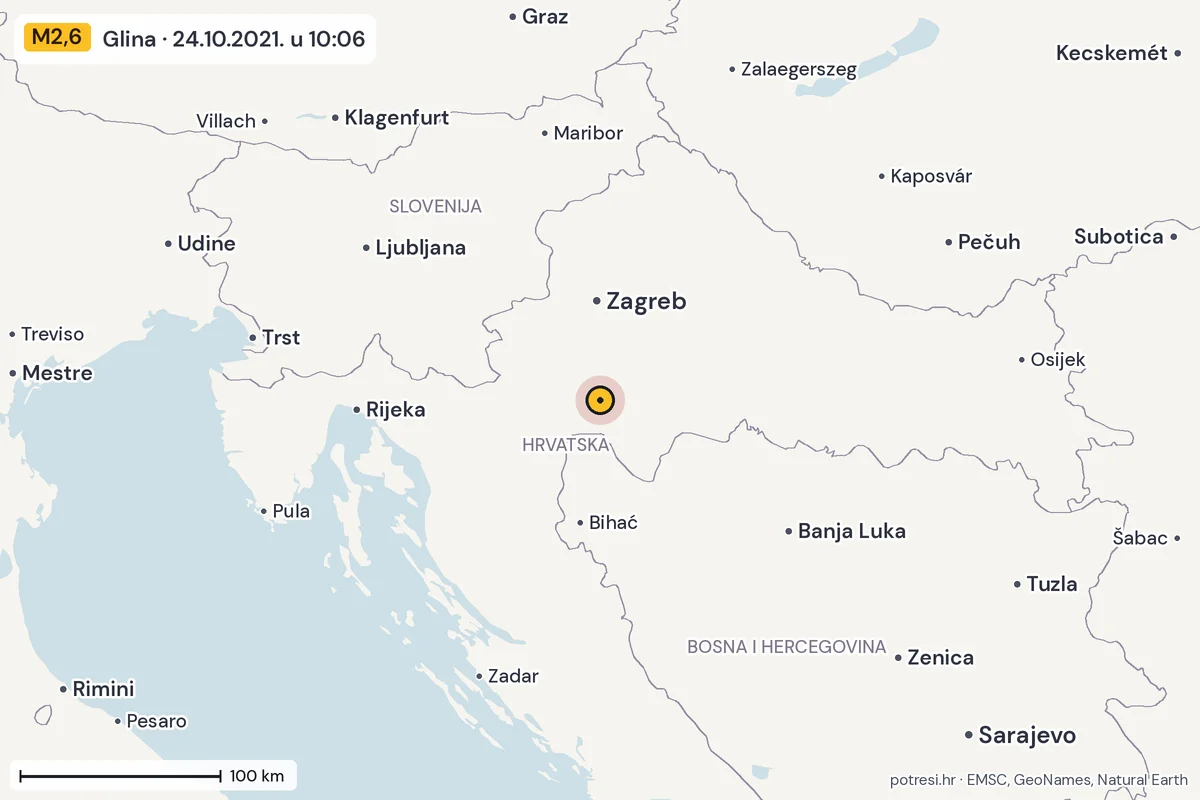 Karta: šire područje, 600 km, potres M2,6, Glina, 24.10.2021.