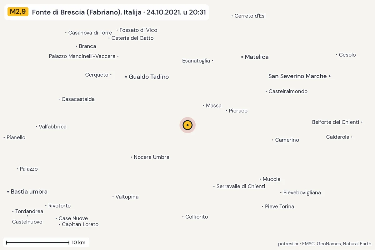 Karta: okolica epicentra, 60 km, potres M2,9, Fonte di Brescia (Fabriano), Italija, 24.10.2021.