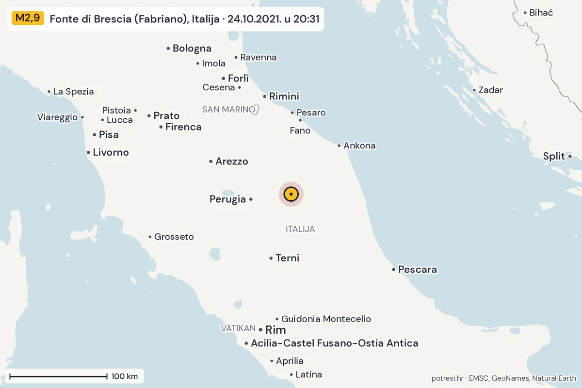 Karta: šire područje, 600 km, potres M2,9, Fonte di Brescia (Fabriano), Italija, 24.10.2021.