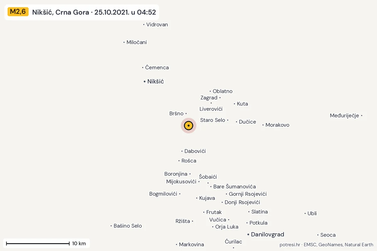 Karta: okolica epicentra, 60 km, potres M2,6, Nikšić, Crna Gora, 25.10.2021.