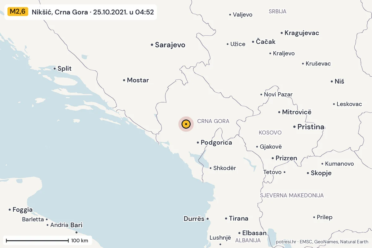 Karta: šire područje, 600 km, potres M2,6, Nikšić, Crna Gora, 25.10.2021.