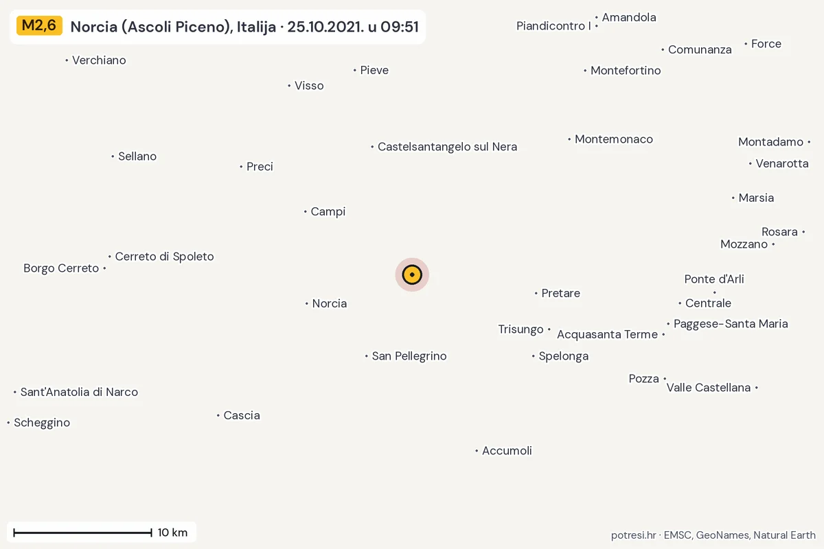 Karta: okolica epicentra, 60 km, potres M2,6, Norcia (Ascoli Piceno), Italija, 25.10.2021.