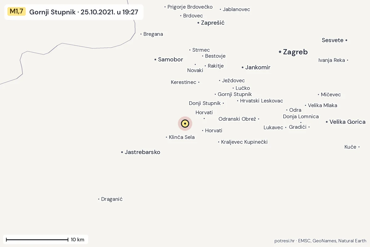 Karta: okolica epicentra, 60 km, potres M1,7, Gornji Stupnik, 25.10.2021.