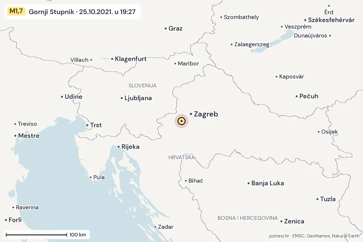 Karta: šire područje, 600 km, potres M1,7, Gornji Stupnik, 25.10.2021.