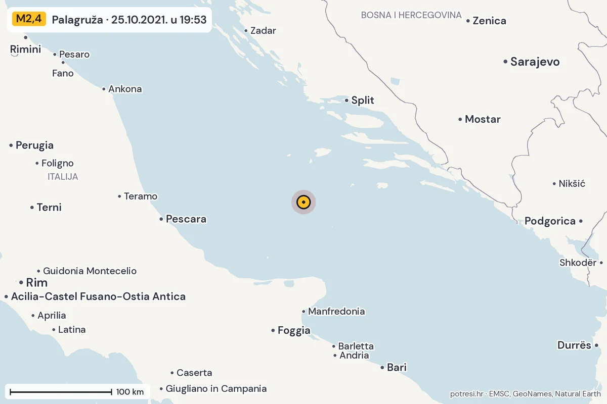 Karta: šire područje, 600 km, potres M2,4, Palagruža, 25.10.2021.