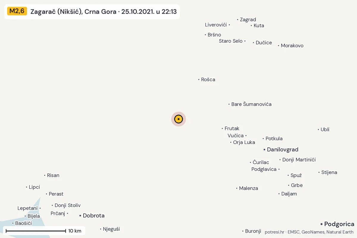 Karta: okolica epicentra, 60 km, potres M2,6, Zagarač (Nikšić), Crna Gora, 25.10.2021.