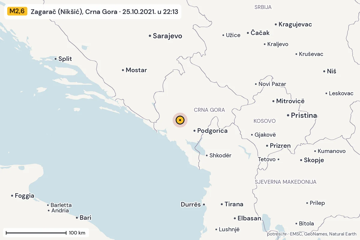 Karta: šire područje, 600 km, potres M2,6, Zagarač (Nikšić), Crna Gora, 25.10.2021.