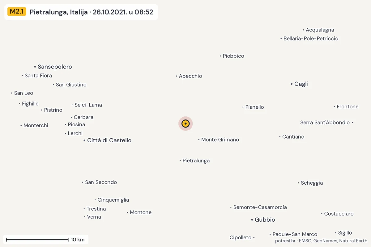 Karta: okolica epicentra, 60 km, potres M2,1, Pietralunga, Italija, 26.10.2021.