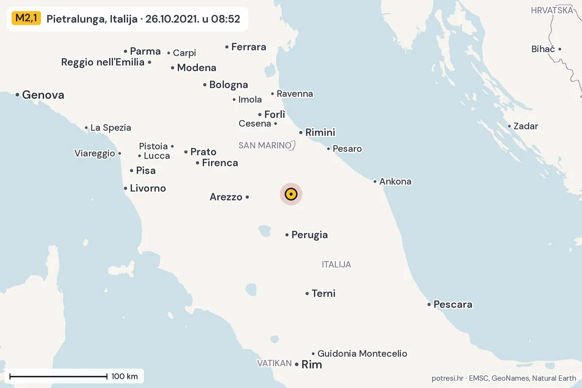 Karta: šire područje, 600 km, potres M2,1, Pietralunga, Italija, 26.10.2021.