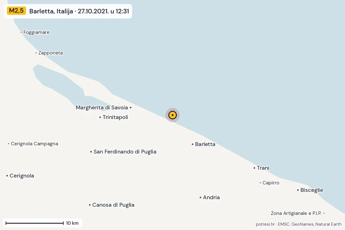 Karta: okolica epicentra, 60 km, potres M2,5, Barletta, Italija, 27.10.2021.