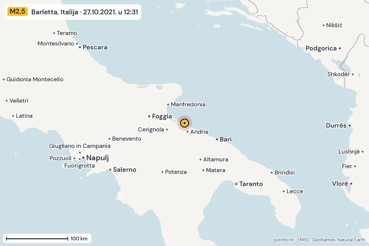 Karta: šire područje, 600 km, potres M2,5, Barletta, Italija, 27.10.2021.