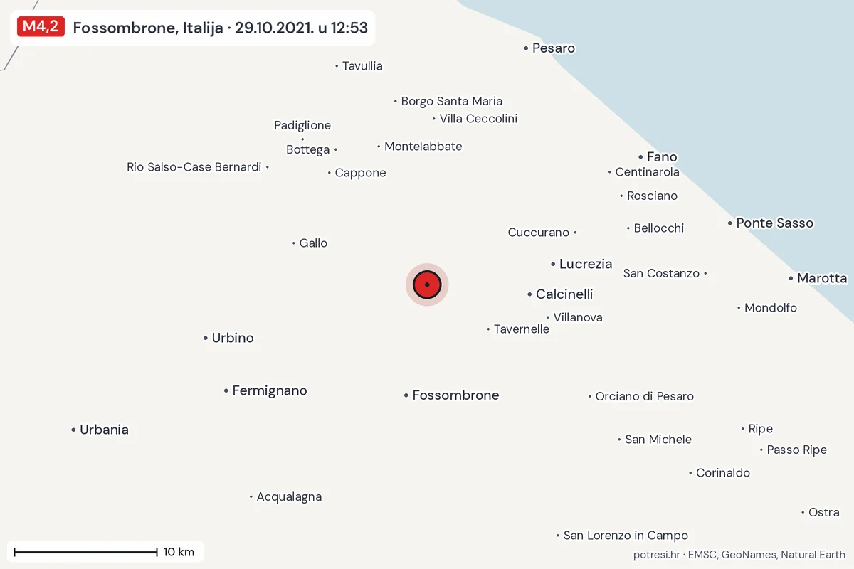 Karta: okolica epicentra, 60 km, potres M4,2, Fossombrone, Italija, 29.10.2021.