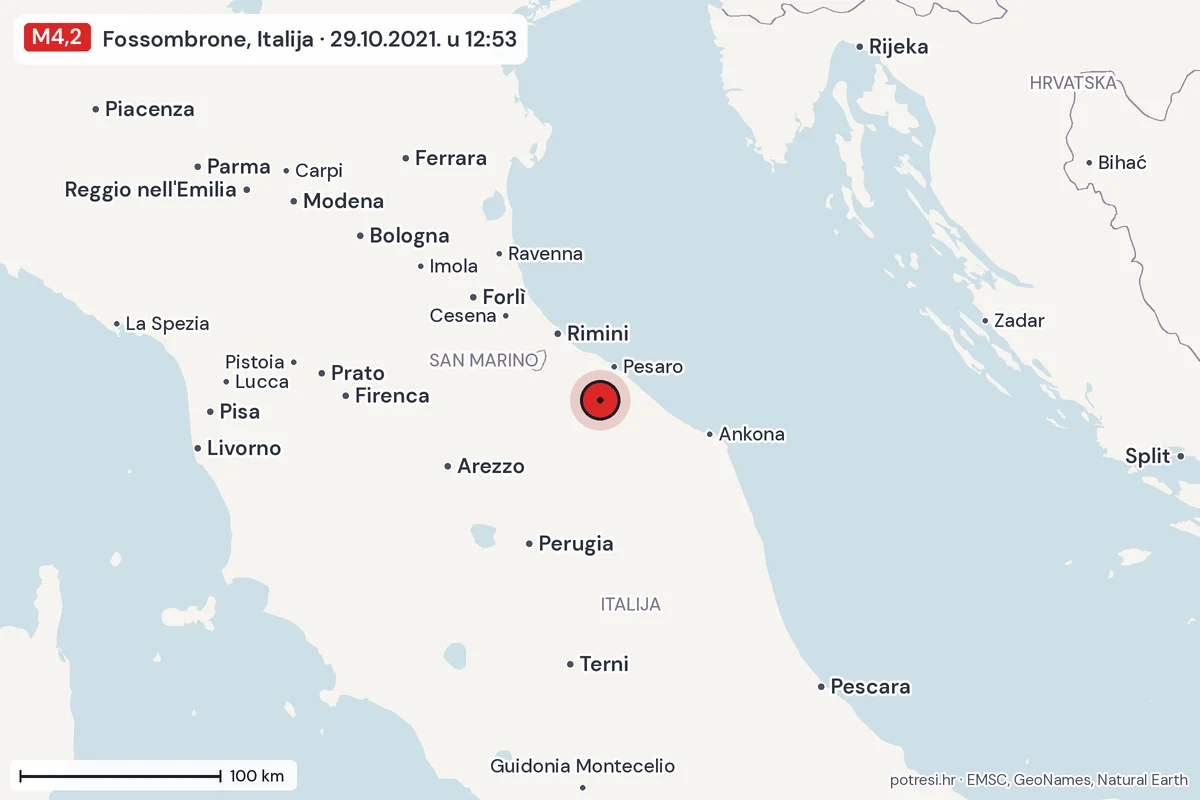 Karta: šire područje, 600 km, potres M4,2, Fossombrone, Italija, 29.10.2021.