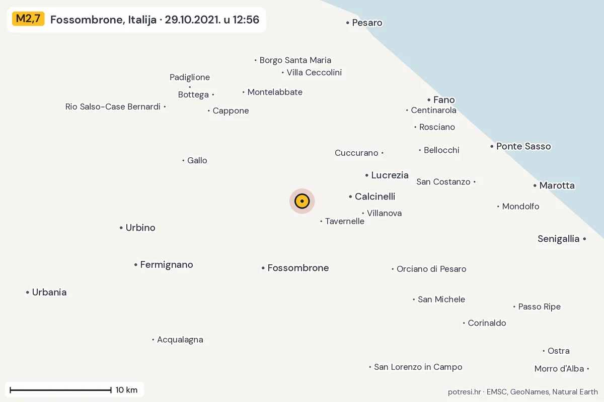 Karta: okolica epicentra, 60 km, potres M2,7, Fossombrone, Italija, 29.10.2021.