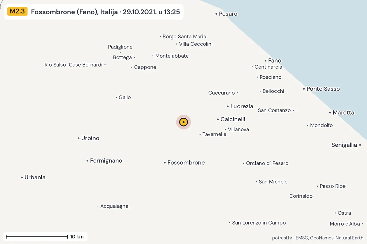 Karta: okolica epicentra, 60 km, potres M2,3, Fossombrone (Fano), Italija, 29.10.2021.
