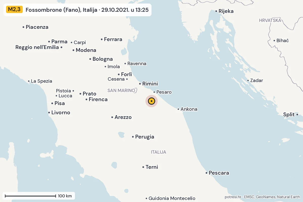Karta: šire područje, 600 km, potres M2,3, Fossombrone (Fano), Italija, 29.10.2021.