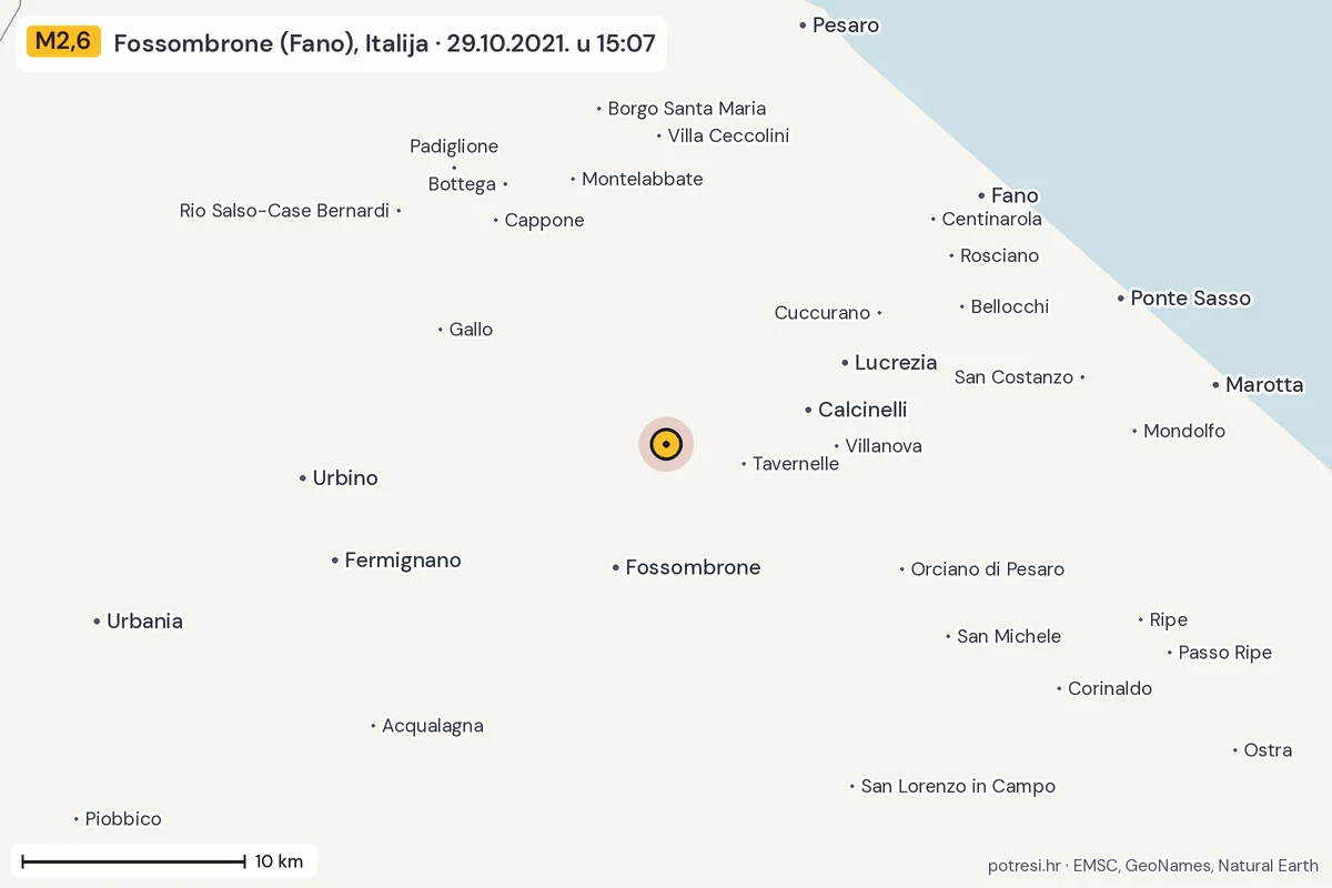 Karta: okolica epicentra, 60 km, potres M2,6, Fossombrone (Fano), Italija, 29.10.2021.