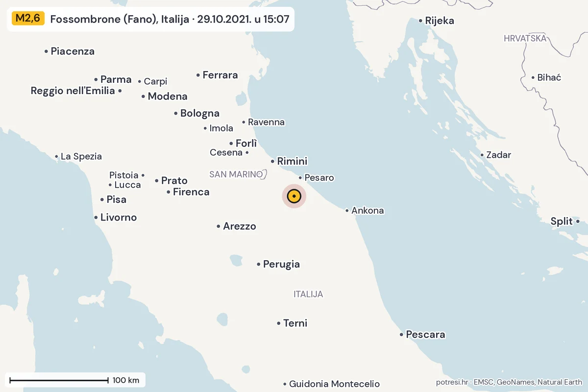 Karta: šire područje, 600 km, potres M2,6, Fossombrone (Fano), Italija, 29.10.2021.