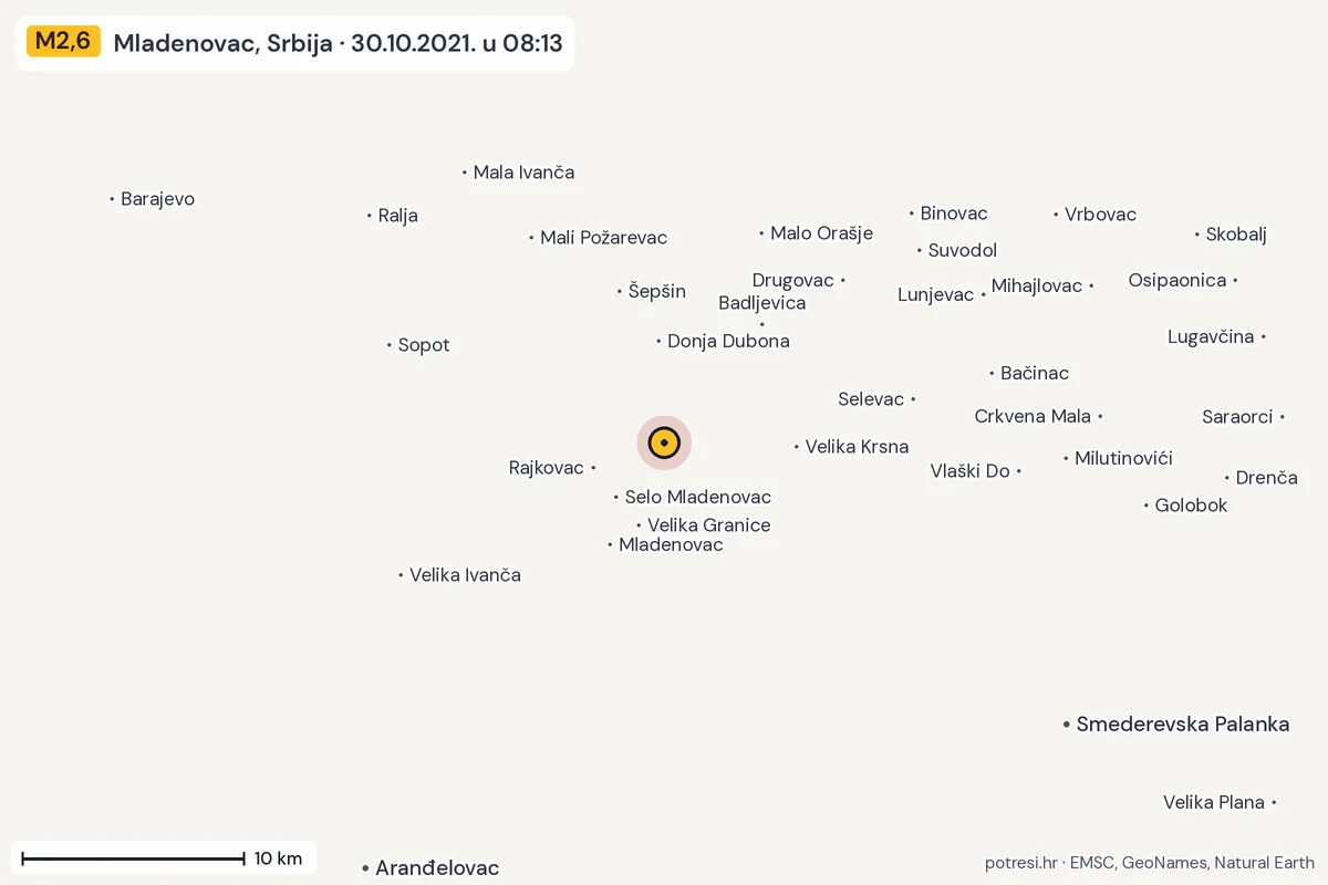 Karta: okolica epicentra, 60 km, potres M2,6, Mladenovac, Srbija, 30.10.2021.
