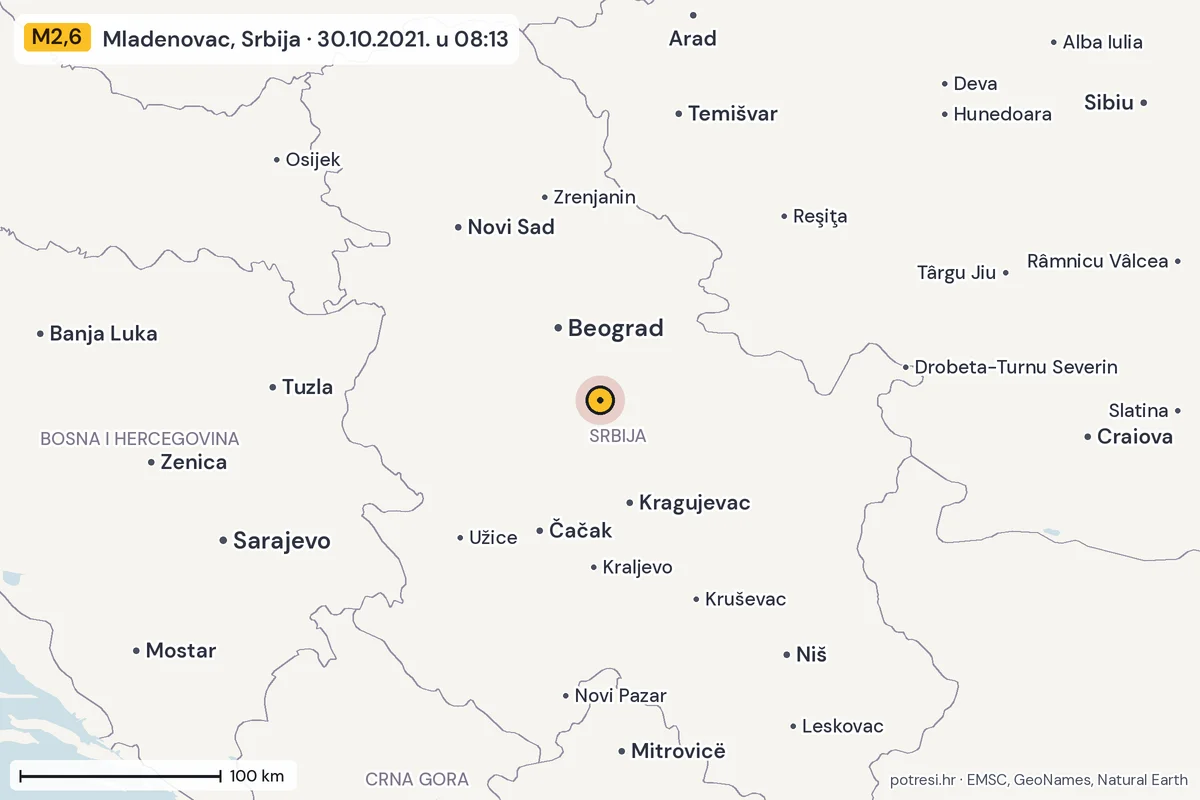 Karta: šire područje, 600 km, potres M2,6, Mladenovac, Srbija, 30.10.2021.