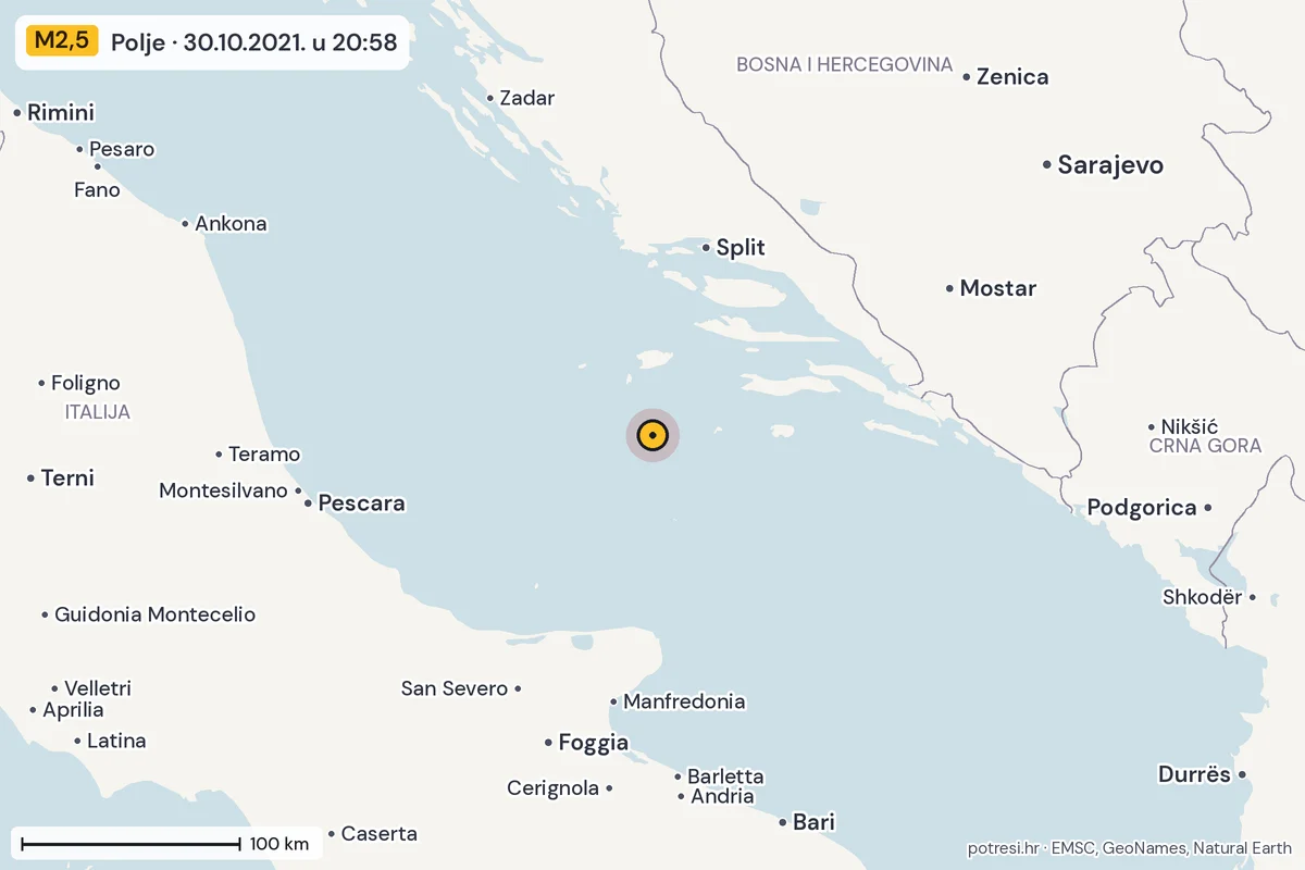 Karta: šire područje, 600 km, potres M2,5, Polje, 30.10.2021.