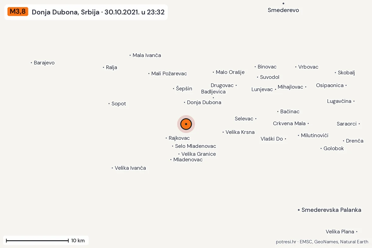Karta: okolica epicentra, 60 km, potres M3,8, Donja Dubona, Srbija, 30.10.2021.