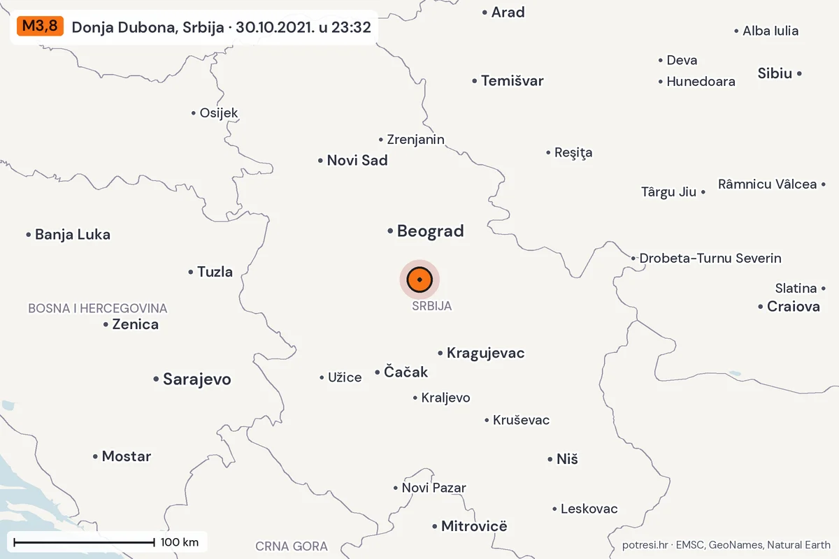 Karta: šire područje, 600 km, potres M3,8, Donja Dubona, Srbija, 30.10.2021.