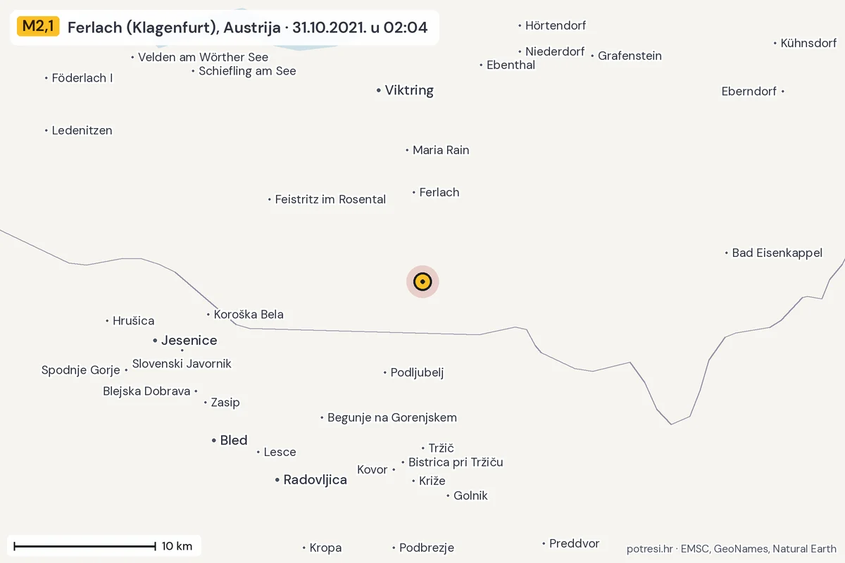 Karta: okolica epicentra, 60 km, potres M2,1, Ferlach (Klagenfurt), Austrija, 31.10.2021.