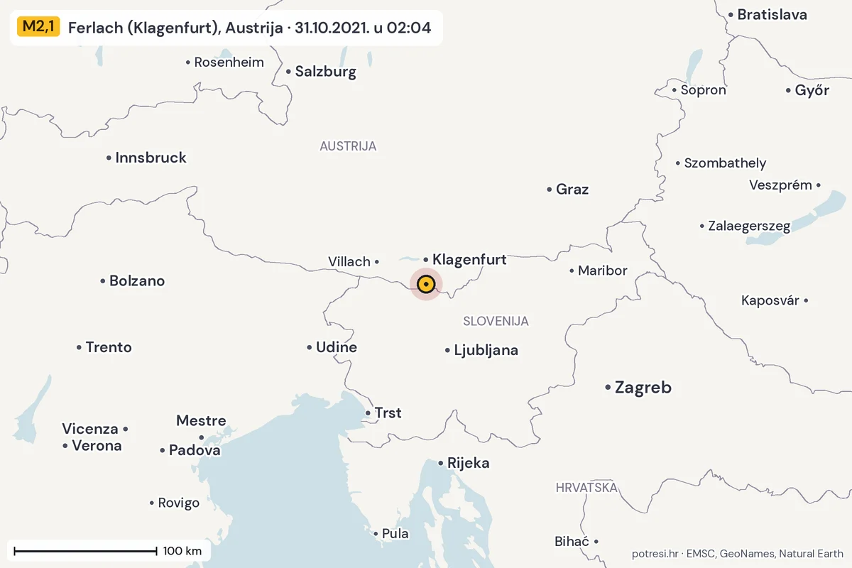 Karta: šire područje, 600 km, potres M2,1, Ferlach (Klagenfurt), Austrija, 31.10.2021.
