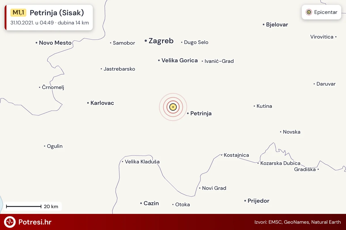 Karta: šire područje i vjerojatni doseg osjeta, potres M1,1, Petrinja (Sisak), 31.10.2021.