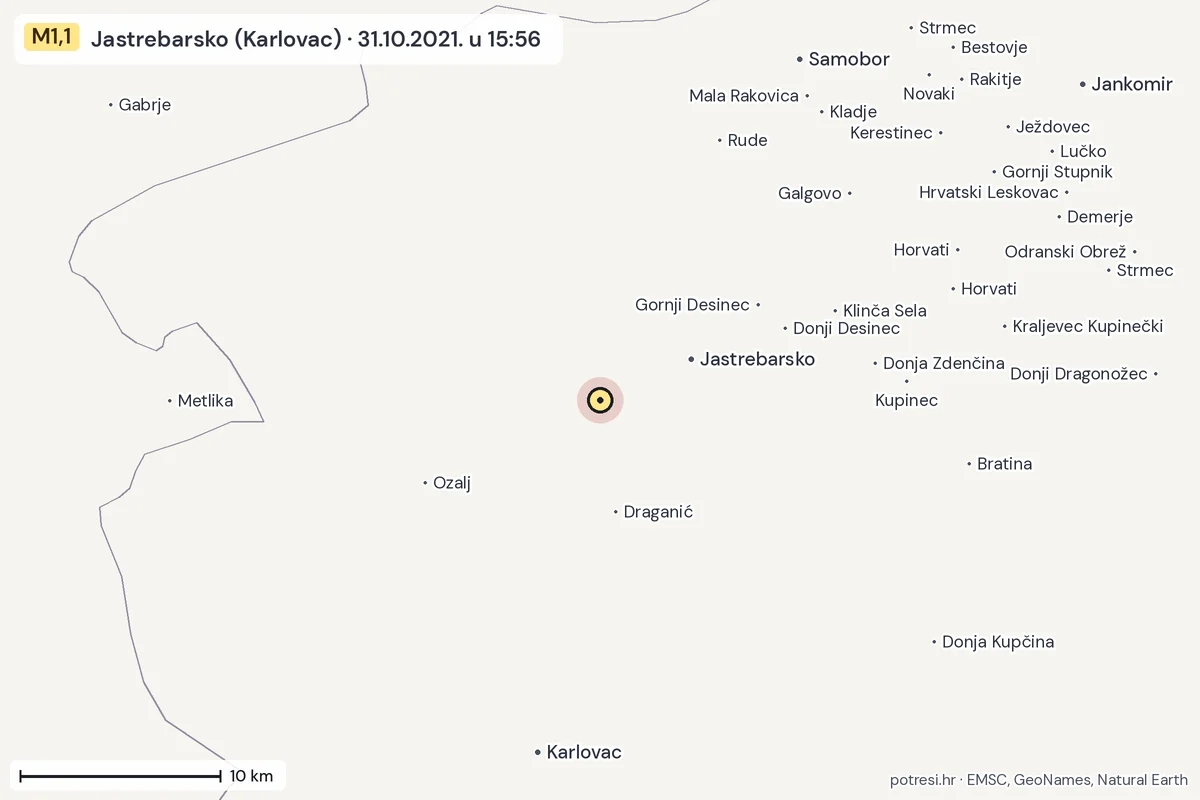 Karta: okolica epicentra, 60 km, potres M1,1, Jastrebarsko (Karlovac), 31.10.2021.