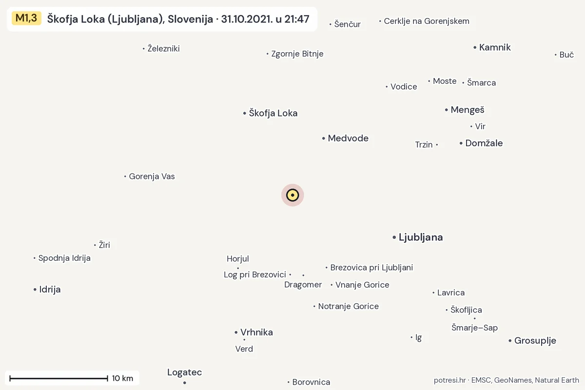 Karta: okolica epicentra, 60 km, potres M1,3, Škofja Loka (Ljubljana), Slovenija, 31.10.2021.