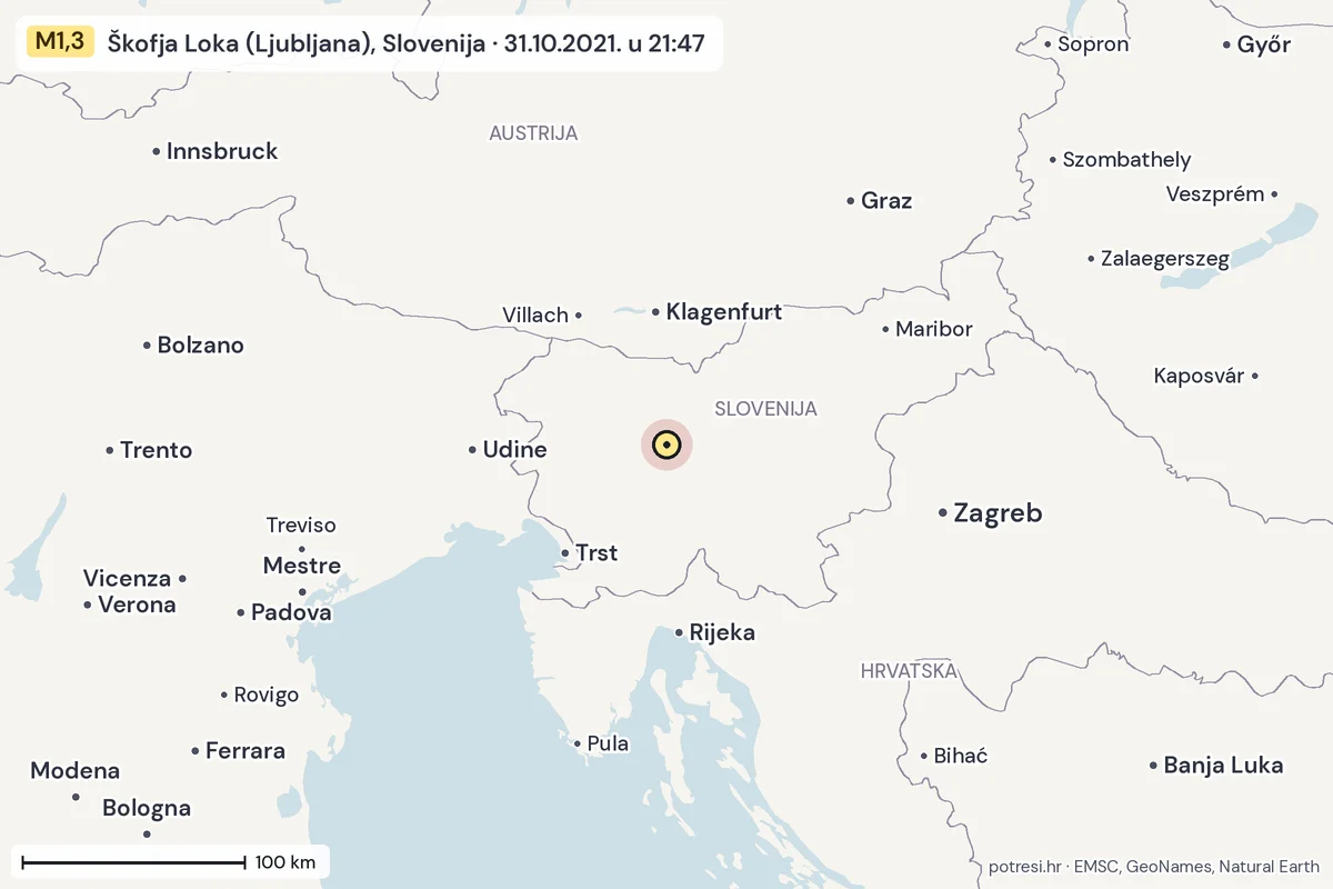 Karta: šire područje, 600 km, potres M1,3, Škofja Loka (Ljubljana), Slovenija, 31.10.2021.