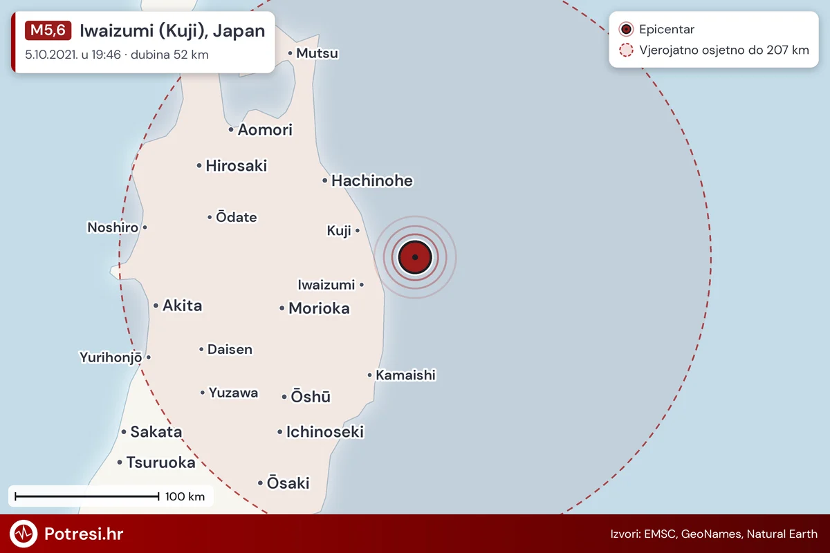 Karta: šire područje i vjerojatni doseg osjeta, potres M5,6, Iwaizumi (Kuji), Japan, 5.10.2021.