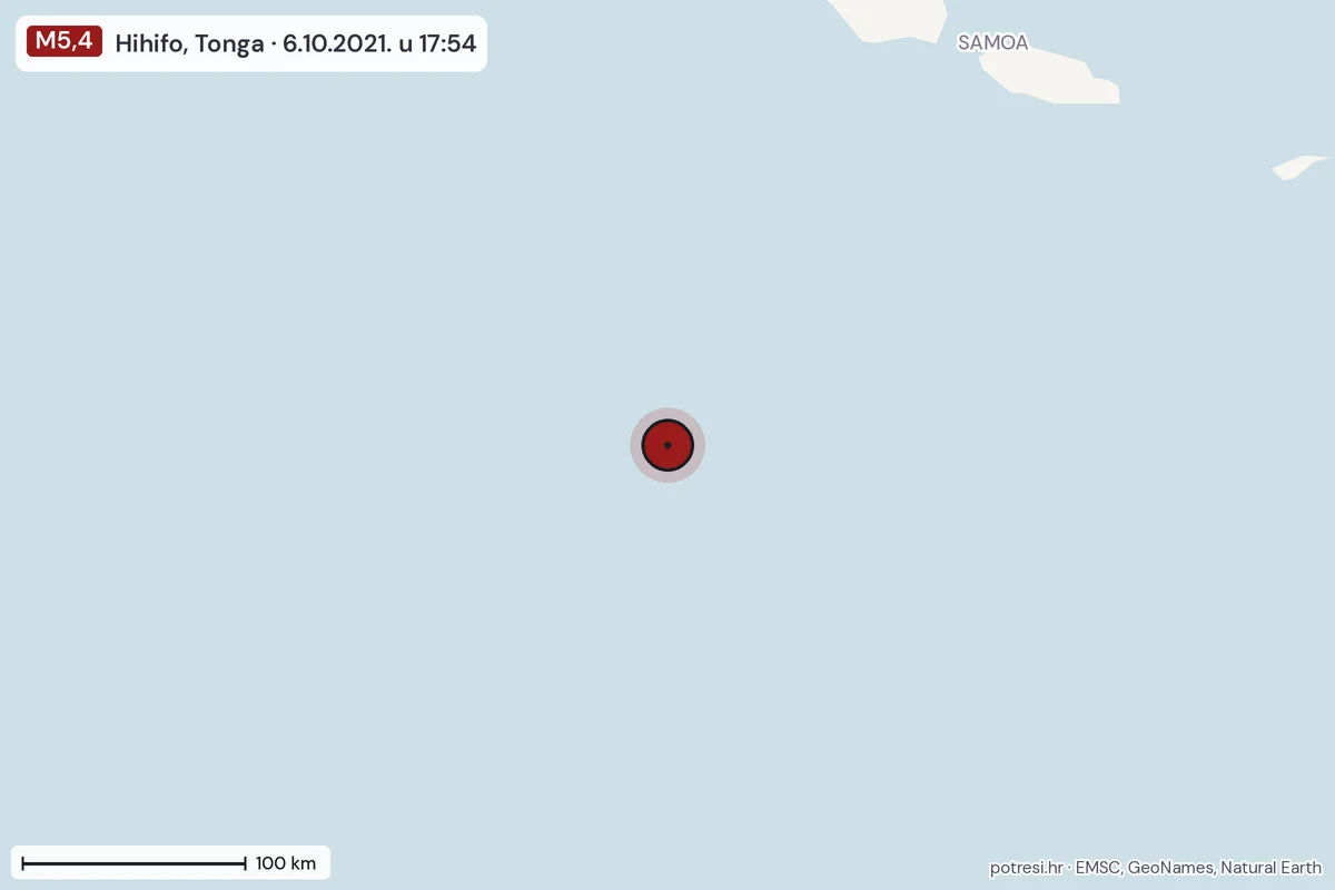 Karta: šire područje, 600 km, potres M5,4, Hihifo, Tonga, 6.10.2021.